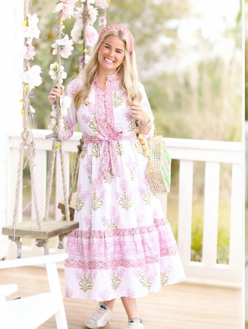 Pink Floral Tie-Belt Midi Dress